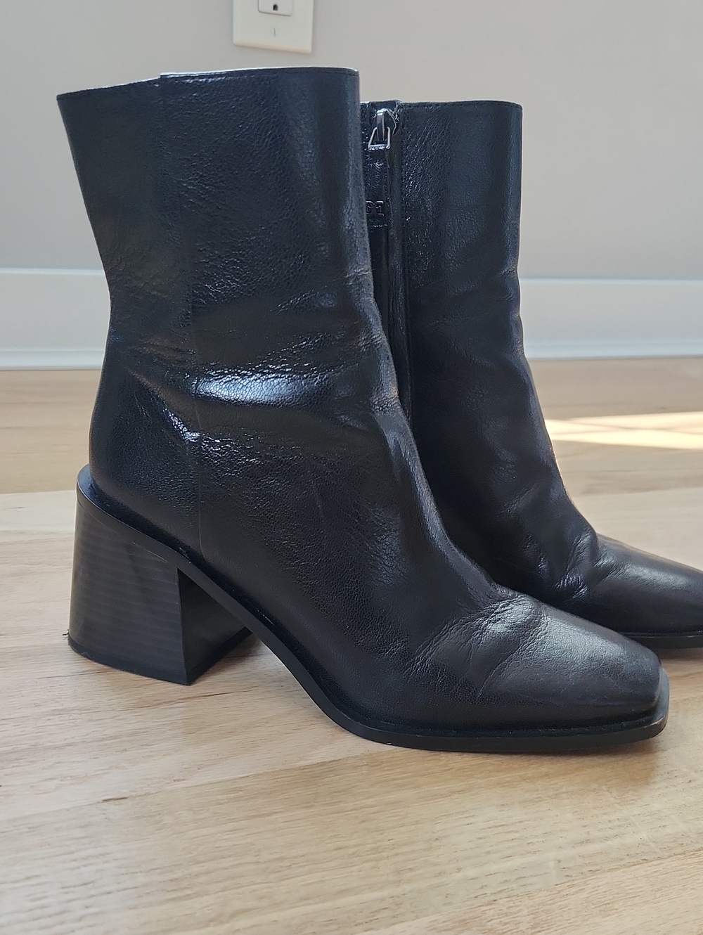 Sam Edelman Black Leather Mid-Calf Block Heel Zip Booties